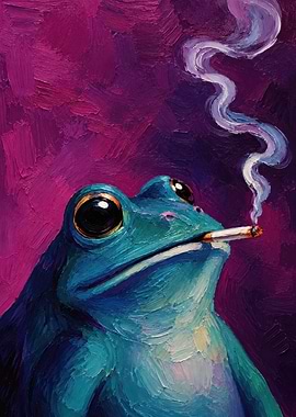 Oil Painting of Smoking Blue Frog