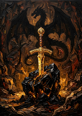 Golden Sword in Stone with Dragon