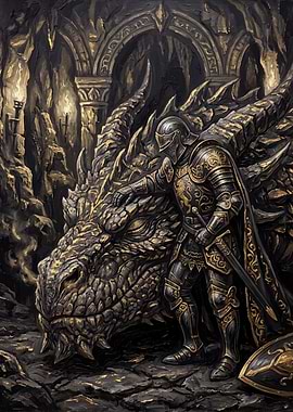 Knight and Dragon in Dark Cave