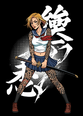 Tattooed Anime Schoolgirl with Katana