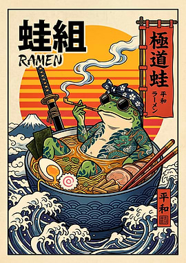 Yakuza Frog Relaxing in Ramen Bowl
