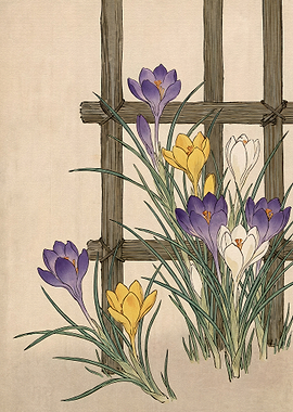 Japanese Woodblock Style Crocus Flowers