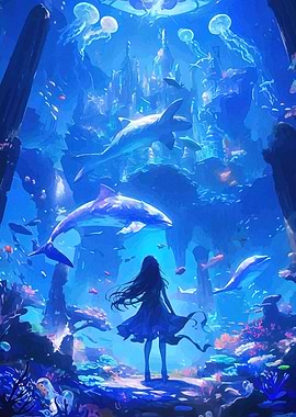 Girl Exploring Underwater Fantasy Kingdom