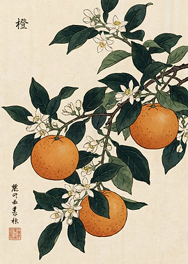 Traditional Japanese Orange Blossom Botanical Art