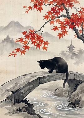 Black Cat on Stone Bridge
