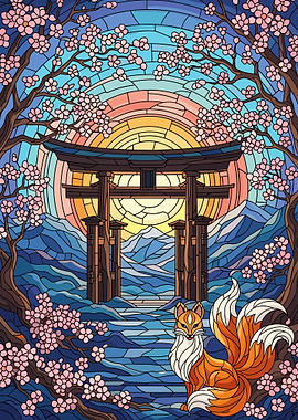 Stained Glass Kitsune and Torii Gate