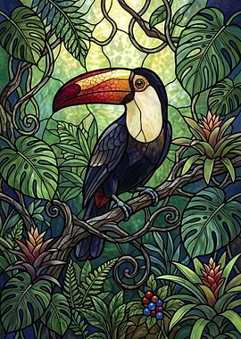 Stained Glass Toucan in Jungle