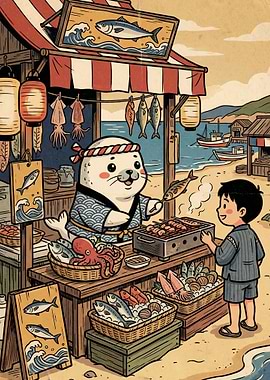 Cute Seal Chef at Beach Stall