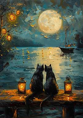 Two Cats Watching the Moonlit Lake