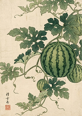 Traditional Japanese Watermelon Botanical Illustration
