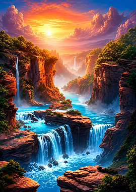 Vibrant Canyon Waterfall at Sunset