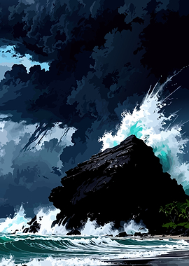 Stormy Ocean Waves Crashing on Rock