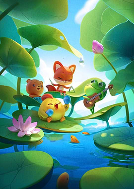 Cute Animals Playing Music on Lilypads