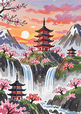 Japanese Pagoda Landscape with Cherry Blossoms