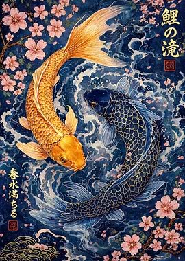 Golden and Blue Koi Fish Art