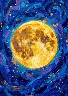 Golden Moon Blue Celestial Art