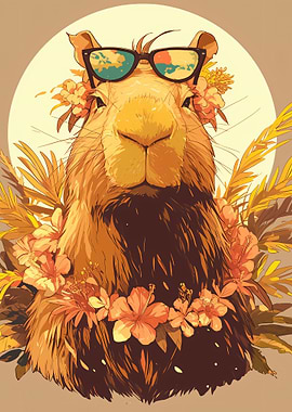 Cool Capybara with Tropical Flowers