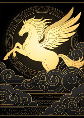 Golden Pegasus in Stylized Clouds