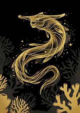 Golden Ethereal Hammerhead Shark Illustration