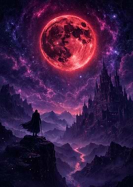 Lone Traveler Before Crimson Moon Castle