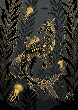 Golden Underwater Dragon Illustration