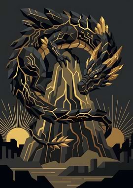 Geometric Crystal Dragon on Mountain