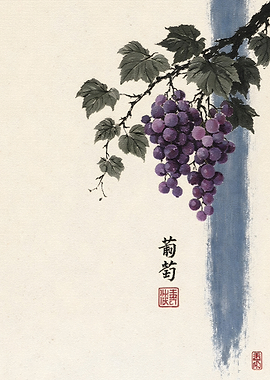 Traditional Japanese Ink Wash Grape Painting