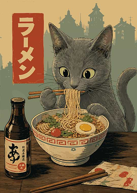 Vintage Ramen Cat Japanese Wall Art Cute Sushi Lover Kitchen Poster