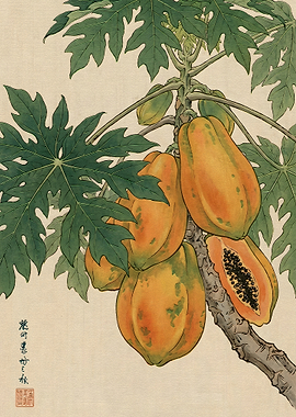 Vintage Japanese Papaya Botanical Illustration