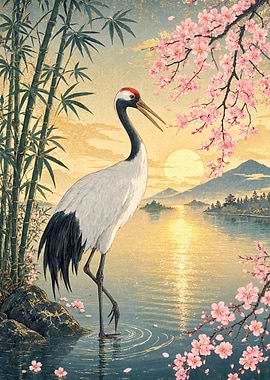 Red-Crowned Crane in Japanese Landscape
