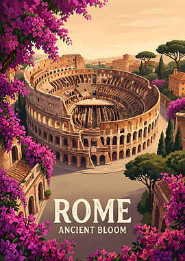 Rome Colosseum Travel Poster with Flowers