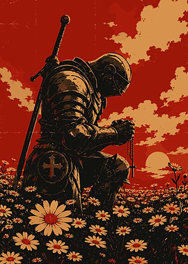 Knight Praying in a Flower Field