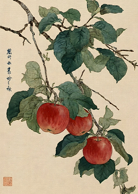 Traditional Japanese Style Apple Branch Painting