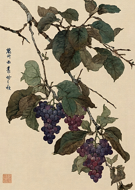 Traditional Chinese Ink Painting of Grapes