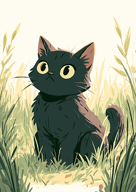 Cute Black Cat in Tall Grass