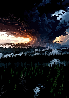 Dramatic Storm Over Dark Forest