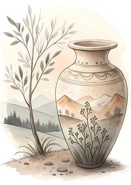 Watercolor Vase with Landscape Illustration