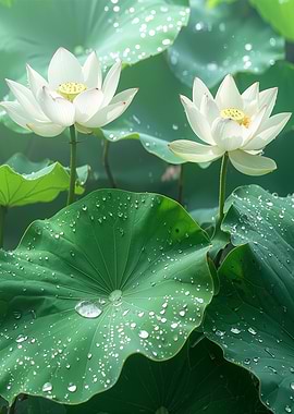 Two White Lotus Flowers with Dew