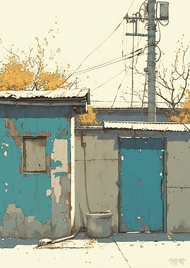 Weathered Blue Shed in Autumn