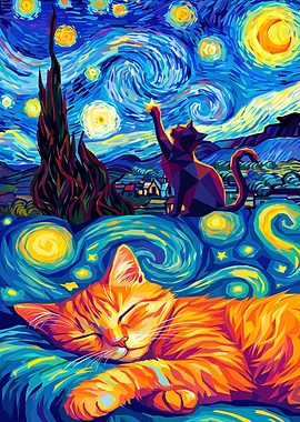 Starry Night Cat Art