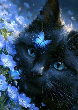 Black Cat with Blue Butterfly