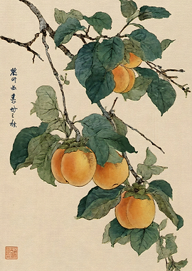 Traditional Japanese Persimmon Branch Painting