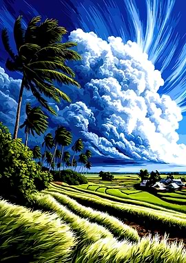 Tropical Rice Fields Under Stormy Skies