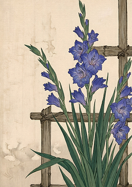 Blue Gladiolus Flower Japanese Art