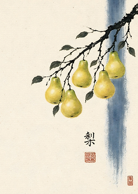 Traditional Chinese Ink Painting of Pears