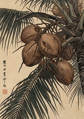 Vintage Japanese Style Coconut Tree Illustration