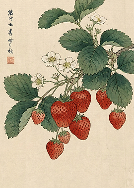 Vintage Japanese Strawberry Botanical Illustration