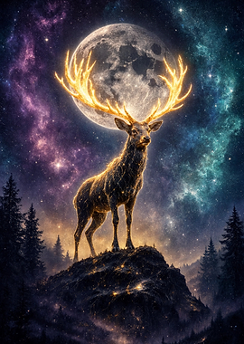Celestial Stag Under Full Moon