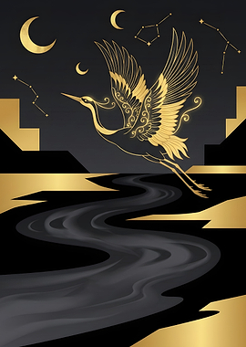 Golden Crane Flying Over Dark River