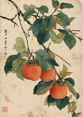 Traditional Japanese Persimmon Branch Painting